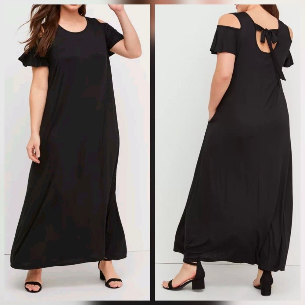 Lane Bryant Black Cold Shoulder V-Neck Maxi Dress Jersey Knit Women Plus 14 16